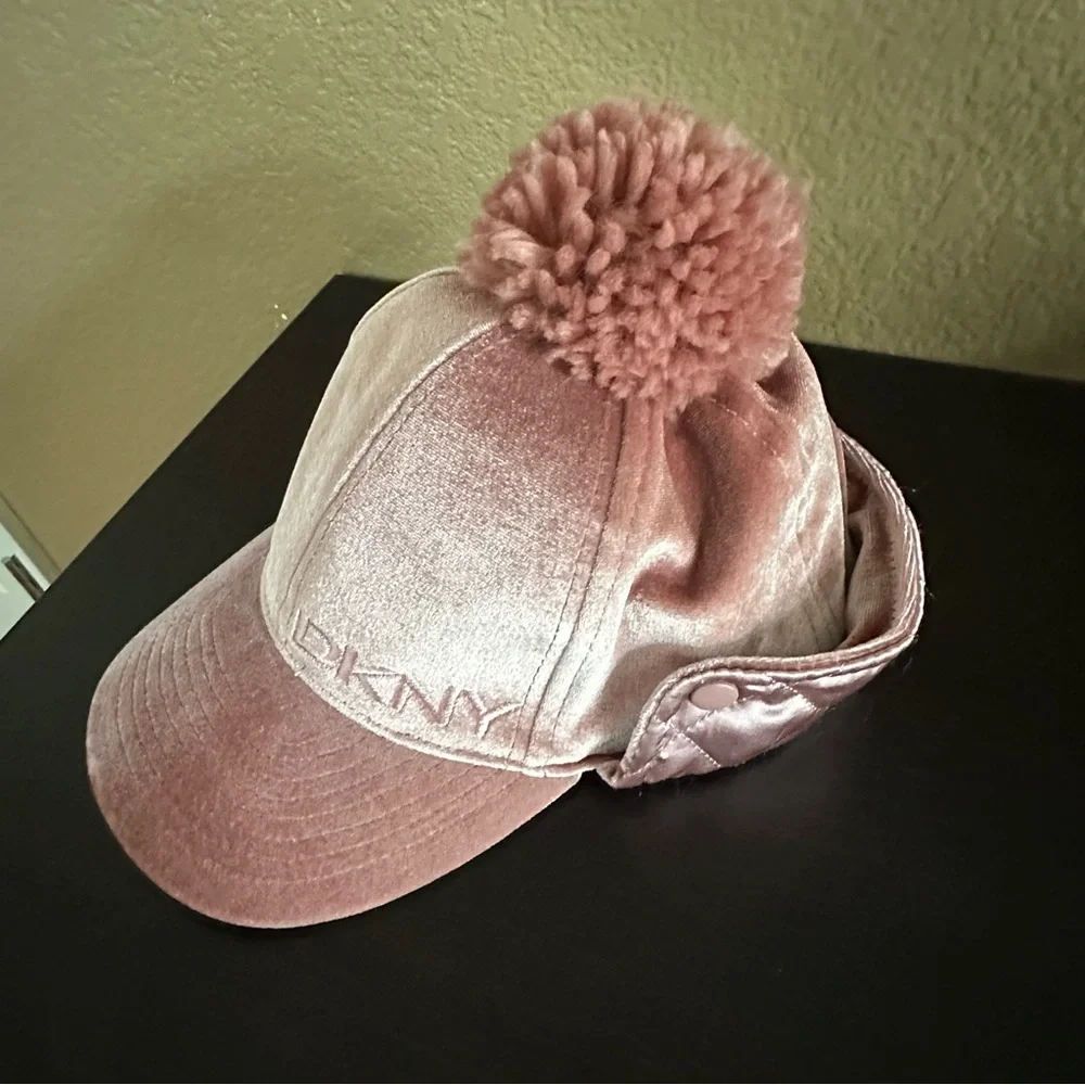 DKNY Girls' Winter Hat Rose Velour Pom Pom Cap Size 7-16